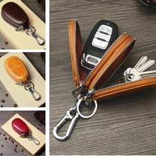 Double Layers Men Leather Car Key Holder Bag Keychain Case Wallet Zipper Closure