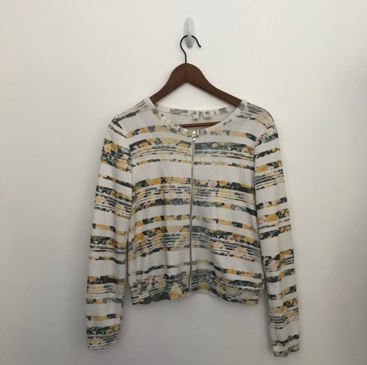 Anthropologie Moth Array Floral Striped Zip Front Knit Cardigan Sweater Small