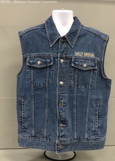Harley Davidson Embroidered Bar & Shield Denim Biker Vest Blue Sz L