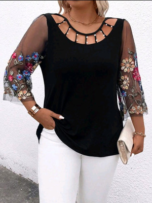 Motiv Bluse Übergröße Plus Size ¾ Ärmel Transparent Blumen Floral 44 XL-52 4XL
