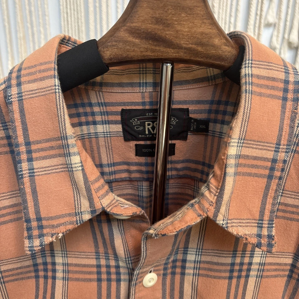 VTG Double RRL XXL Long Sleeve Shirt Cotton Orange/blue Plaid Work Wear Rare - Image 3 of 4