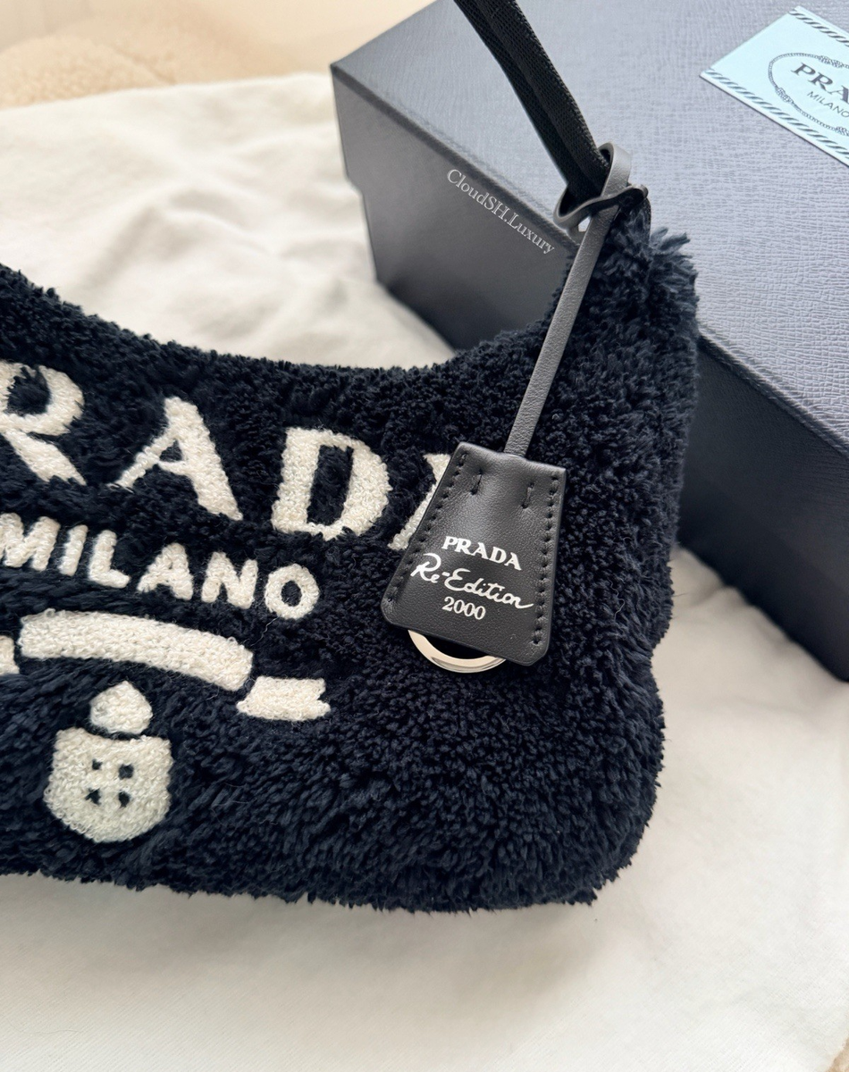 Auth Prada Re-Edition 2000 Black Terry Cloth Bag - Excellent