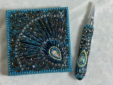 Pier 1 Imports Note Pad With Pen Set Beaded Peacock Design Blue Teal Gold