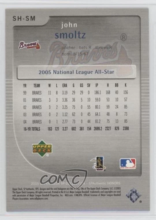 2005 Upper Deck SP Collection SP Authentic Honors /299 John Smoltz #SH-SM HOF - Image 2 of 2