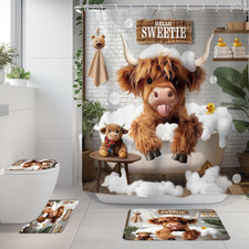 Cute Highland Cow Western Rustic 4Pcs Bathroom Shower Curtain Set with Rugs 72