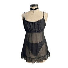 Black Sheer Mesh Babydoll Ruffle Hem Chemise Lingerie Top M/L