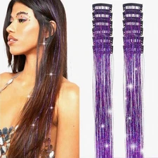 6Pcs Hair Tinsel Clip In Glitter Hair Extensions Tinsel For Women Girls Purple