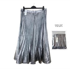 M&S Women's Pleated midi Skirt Silver Metallic Pleats A-line Zip Waistband UK 16