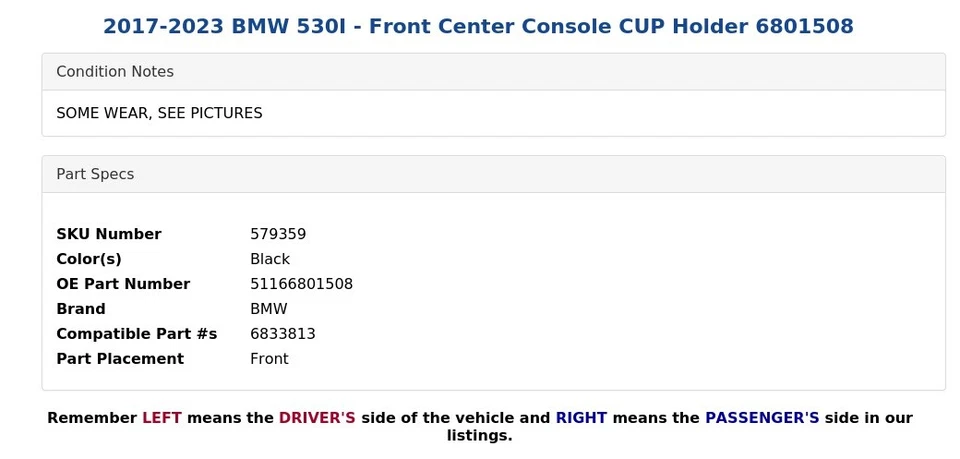 2017-2023 BMW 530I - Front Center Console CUP Holder 6801508 - Image 4 of 4