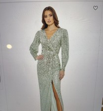 Mac Duggal Embellished Faux Wrap Puff Sleeve Sequin Evening Dress Size 4