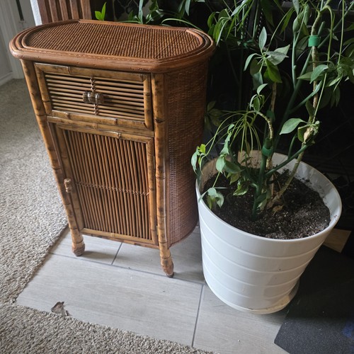 Vintage Faux Bamboo Rattan Cabinet Side Table Coastal Hollywood Regency Boho