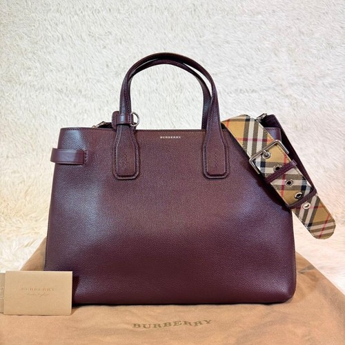 Burberry Banner 2way Handbag Leather Nova Check Burgundy Dust Bag Authentic