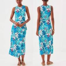 L NWT Lilly Pulitzer Estela Midi Dress in Breezy Aqua Best Fronds Forever Blue