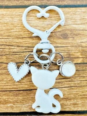 White Cat Crazy Cat Lady Heart Swivel Key Chain Backpack Tag Purse Charms RTS