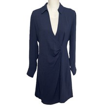 Emma & Michele Blue Navy VNeck Side Ruched Long Sleeve Wrap Dress NWT