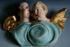 ANTIQUE 18TH CENTURY HAND CARVED WOOD POLYCHROME CHERUBS FIGURE