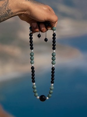 Handcrafted Beaded Necklace Black obsidian Sterling Silver 925 - Guatemalan Jade