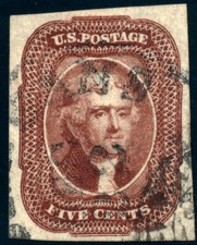 US 12 5c 1856 Thomas Jefferson imperf red brown PSE grade 95 used