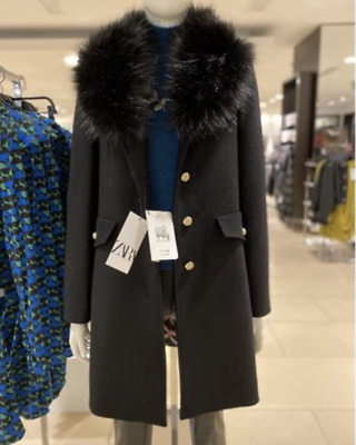 ZARA WOMEN NEW WOOL BLEND FITTED COAT removable faux fur BLACK