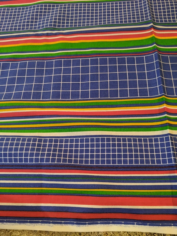 Vtg Unique Bright Red/Blue/Green/Yellow Striped Graph Square Fabric 45"X 109" - Image 3 of 4