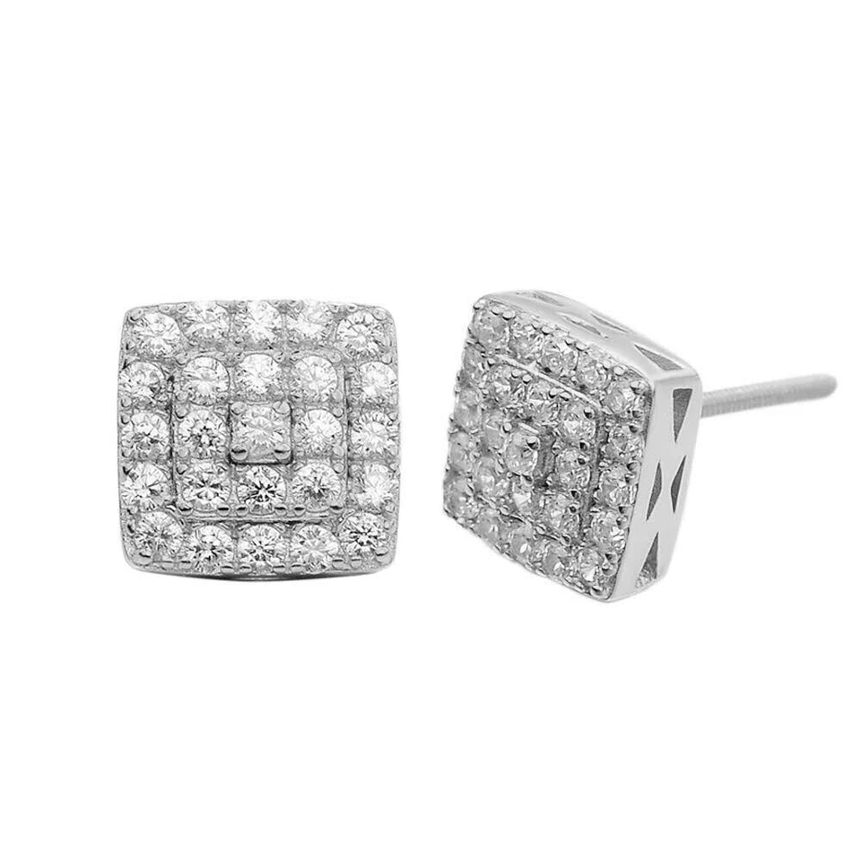 1.32ct VVS Real Diamond Men's Solid 925 Silver Iced Hip Hop Square Earrings 8mm - Image 2 of 4