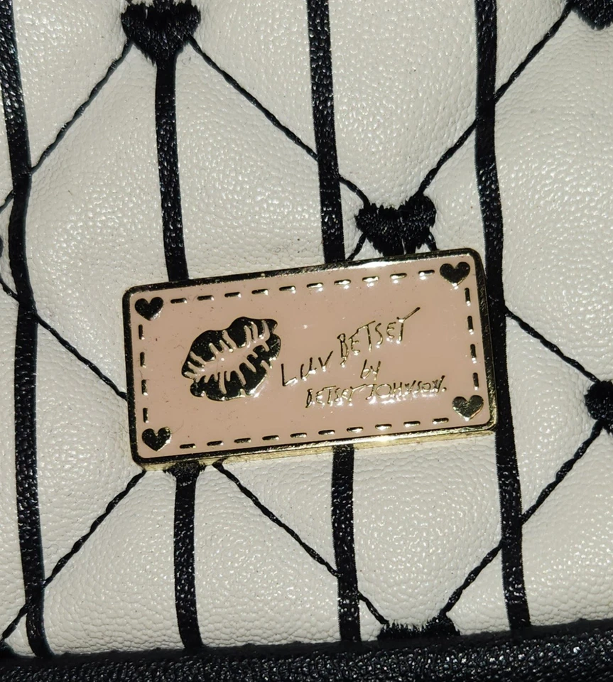 Betsy Johnson White And Pink Handbag Purse With Black Hearts - Shoulder Strap  - Image 3 of 4