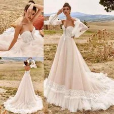 Beach Wedding Dresses Sweetheart Neck Long Sleeves Bridal Gown Tulle Sweep Train