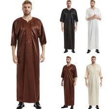 Muslim Islamic Men Thobe Satin Embroidery Kaftan Maxi Dress Saudi Kaftan Abaya