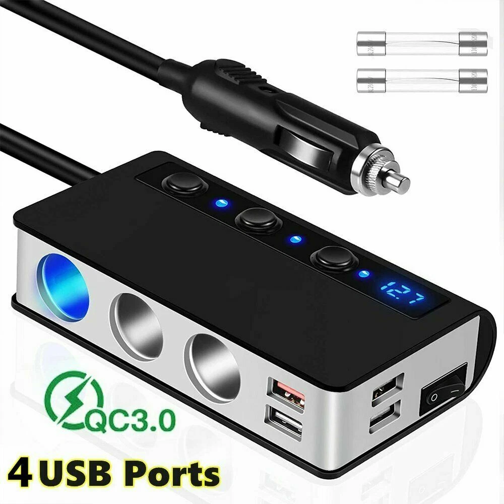 3 Way 12V 24V Multi Socket Car Cigarette Lighter Splitter USB