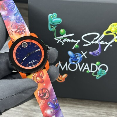 NEW LIMITED  MOVADO X KENNY SCHARF Artist Series Signature Orange Silicone Watch