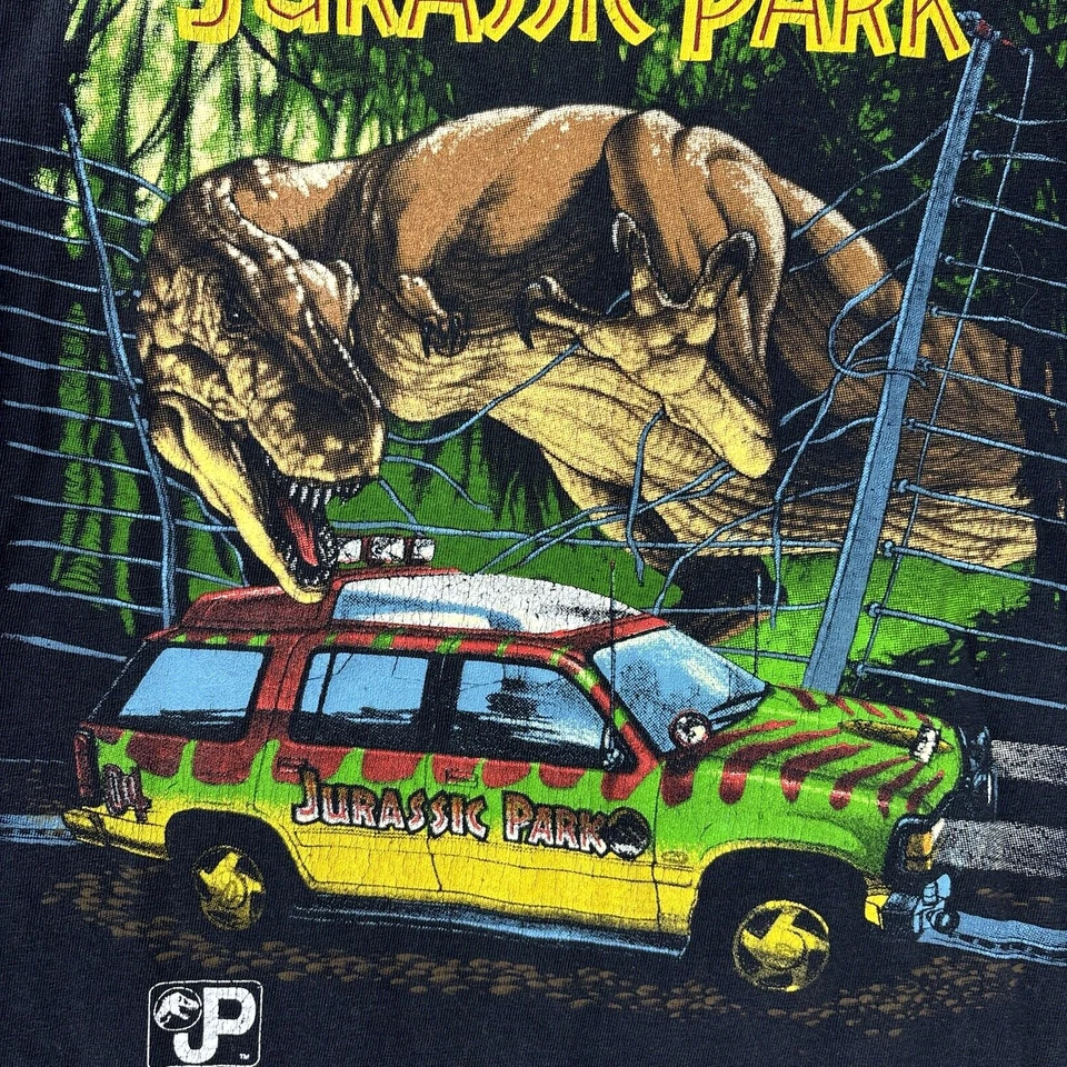 Vintage Jurassic Park Shirt Boys XL / Mens Small Black T Rex Jeep 1993 Promo - Image 4 of 4