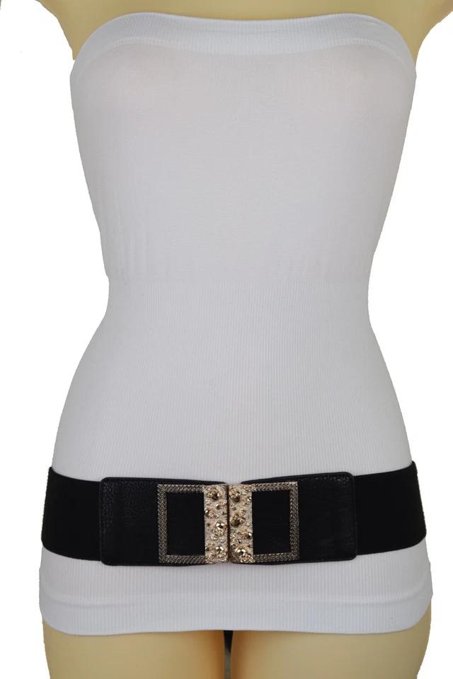 Women Black Elastic Fashion Accessory Belt Gothic Gold Metal Skull Buckle S M - Image 2 of 4