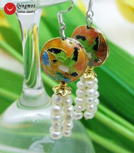 4-5mm Round Natural White Pearl Earring Women 18mm Blue Cloisonne Dangle Earring - Picture 18 of 28