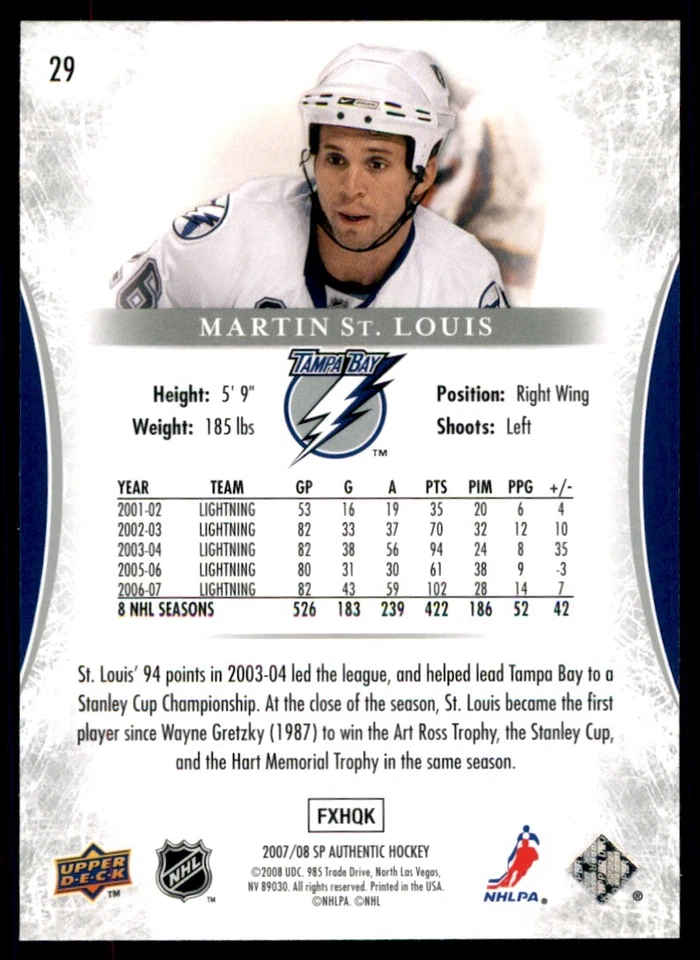 2007-08 SP Authentic Martin St. Louis #29 - Image 2 of 2