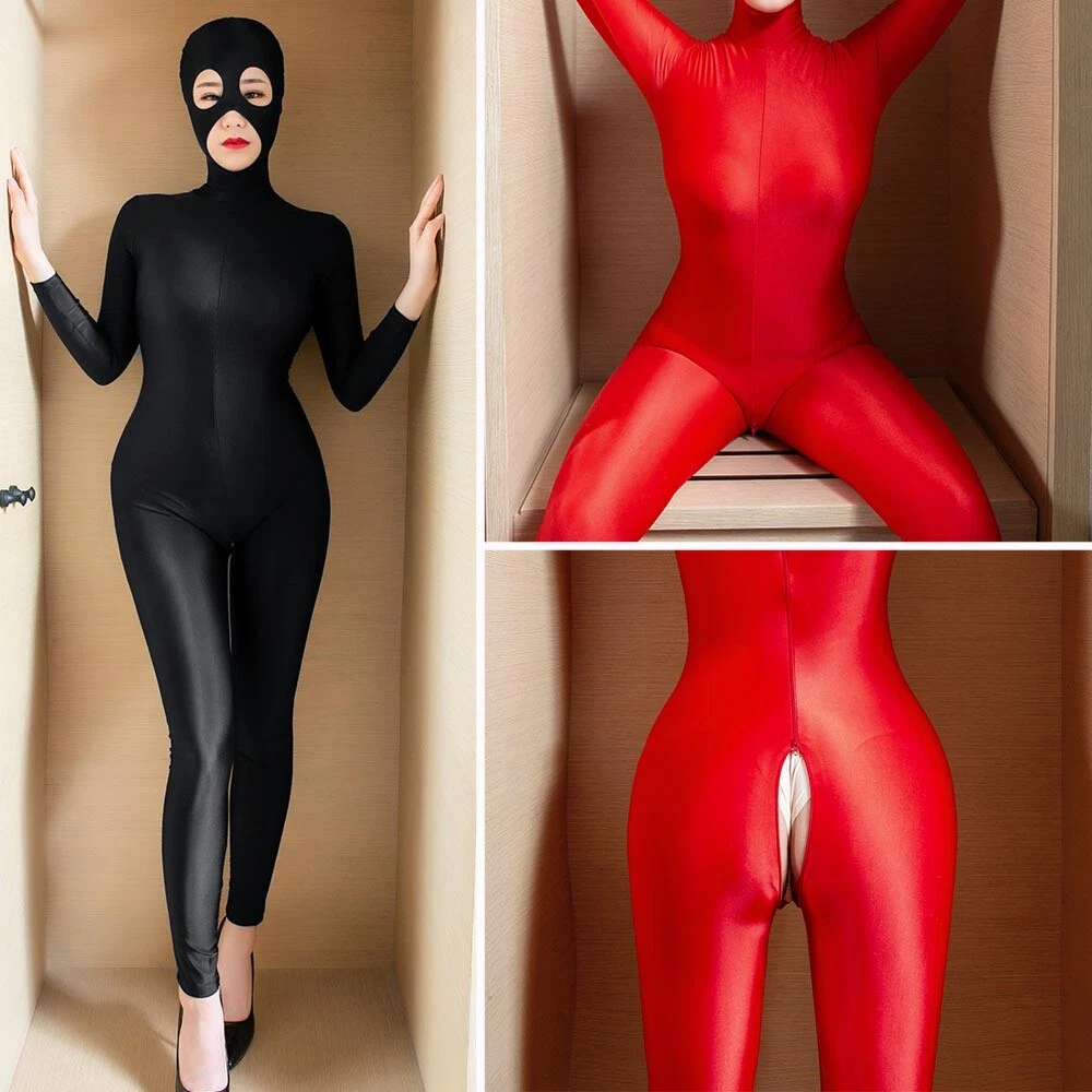 Lady Shiny Bodysuit Full Body Hood Mask 2 Zipper Jumpsuit Zentai Costume  Unitard