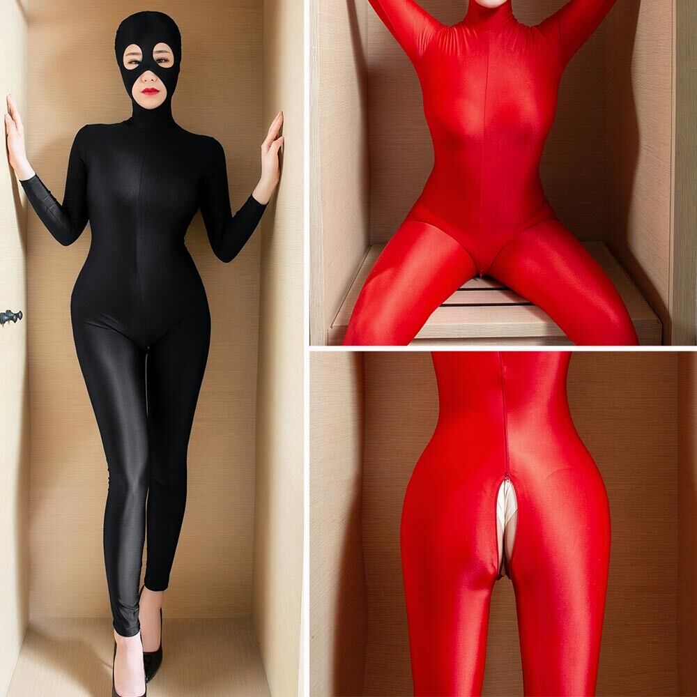 Sexy Lycra Bodysuit Unitard 2-Way Zipper Jumpsuit Catsuit W/mask