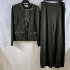 St John Collection Women's Vintage 90s Green Knit Pant Suit Set Jacket 12 Pant