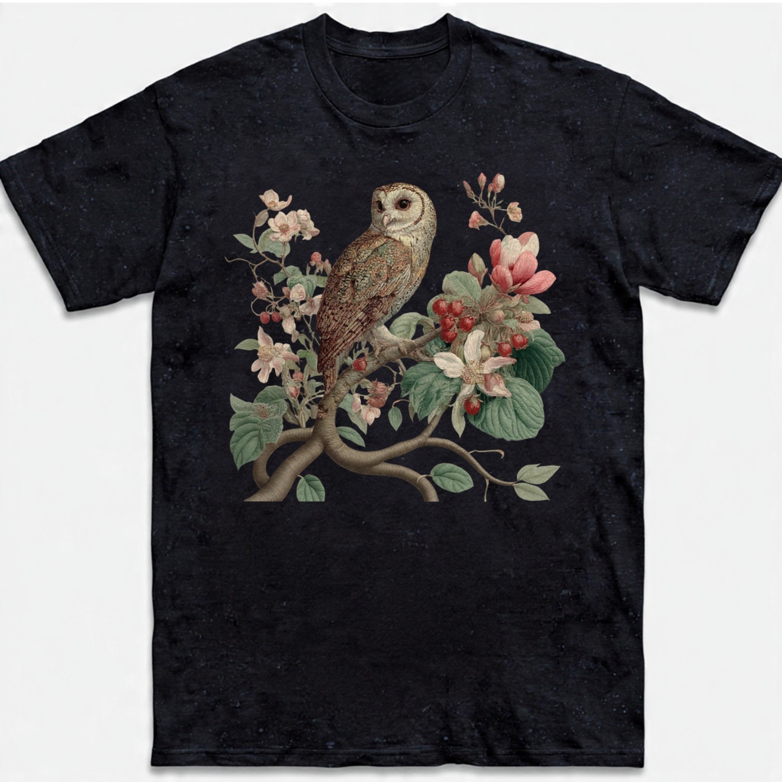 Vintage Owl T-Shirt Botanical Floral Illustration Art Bird Lover Nature Gift Tee