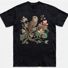 Vintage Owl T-Shirt Botanical Floral Illustration Art Bird Lover Nature Gift Tee