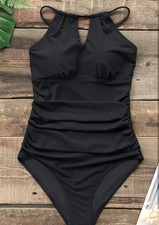 Large Black Halter Ruched One-Piece Swimsuit with Lace-Up Back