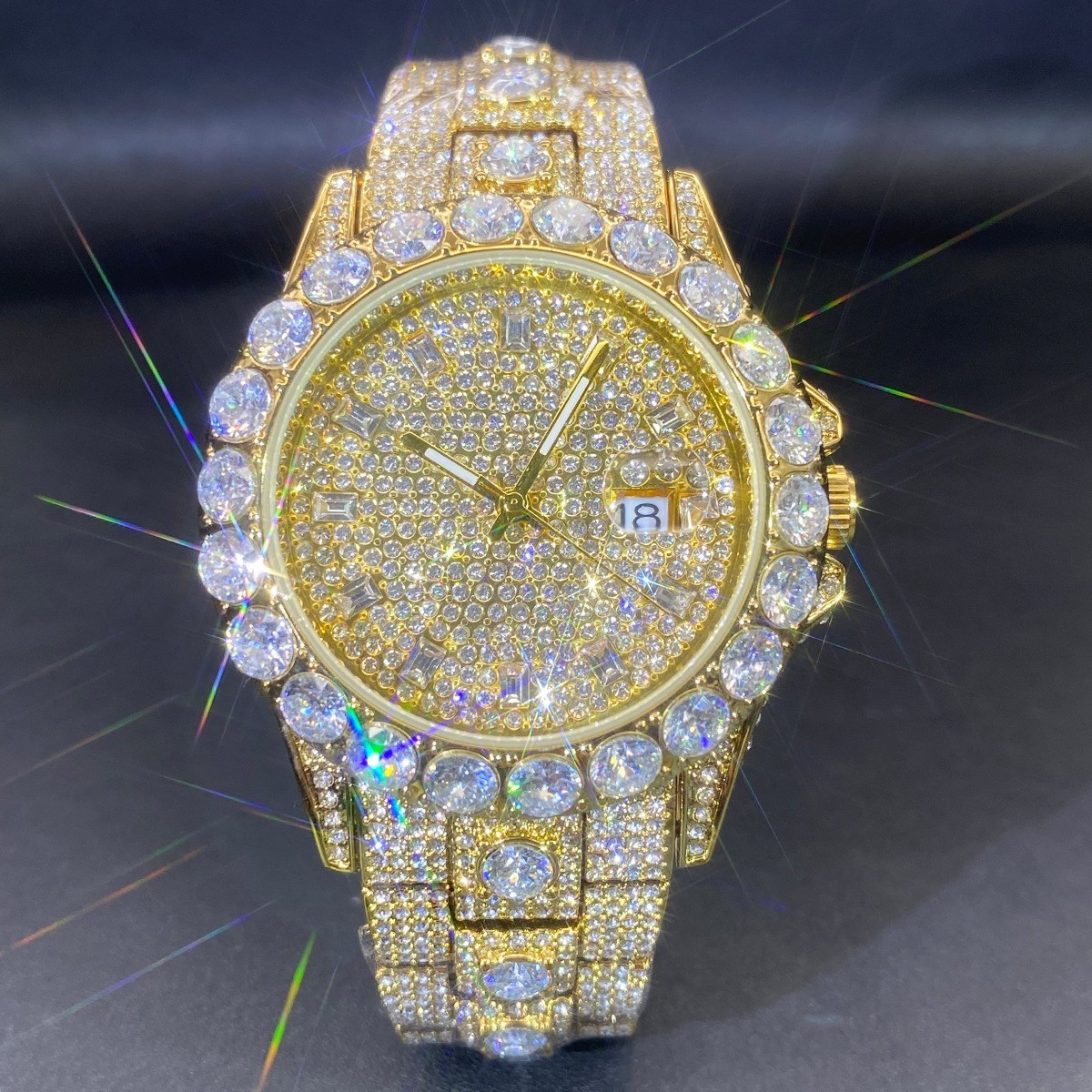 Iced Out Luxury Crystal Quartz Watch Gold/Silver Tone Date Dial Hip Hop Style