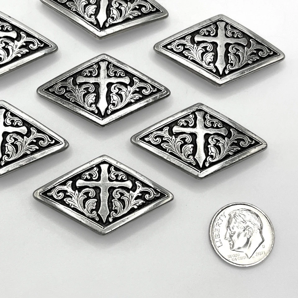 Lot Diamond Shape Conchos Screw Back Silver Tone Cross Scrollwork Western 1.5" - Image 3 of 4