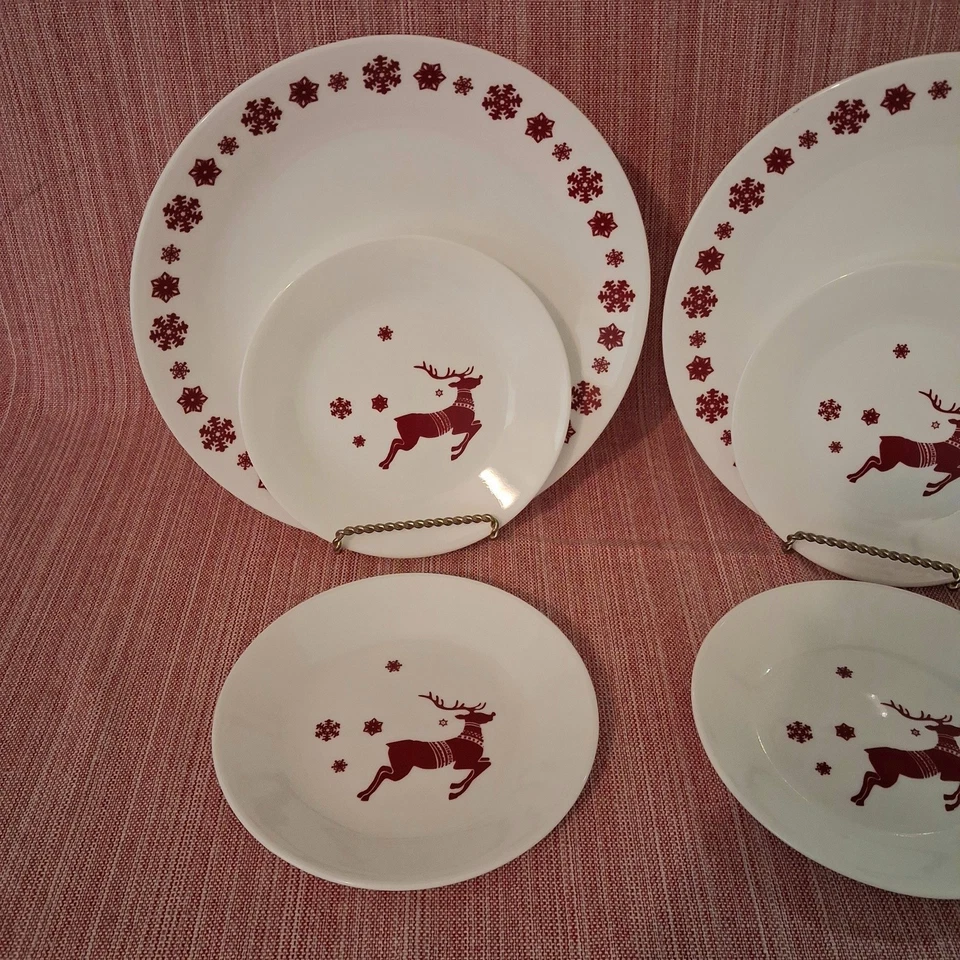 Corelle Holiday "RUDOLPH" 2 Dinner & 4 Appetizer Plates RED REINDEER & SNOWFLAKE - Image 2 of 4