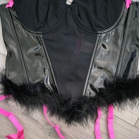 Vintage Ann Summers Black PVC & Feather Corset Top Size 8-10 