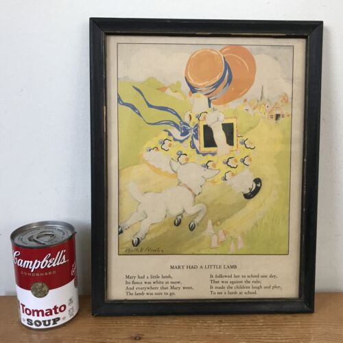 Vtg 1930s Ruth E Newton Mary Had A Little Lamb Nursery Rhyme Framed Art Print