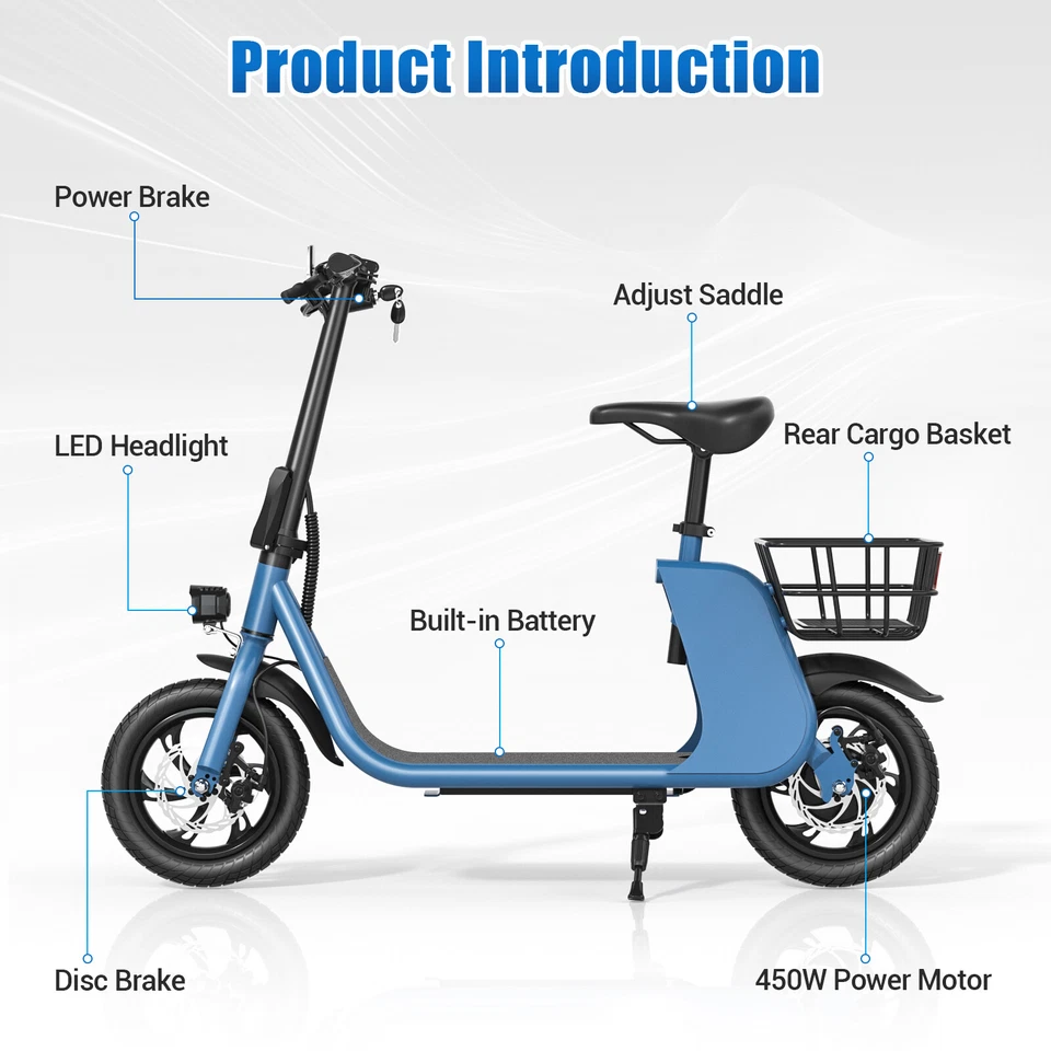 Ciclomotor 450W Commuter E-Scooter Scooter Eléctrico Plegable con Asiento 15.5MPH E-bike Foto 4 de 4