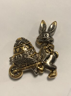 Signed BEST Rabbit Bunny Hold Cart Decorated Easter Egg Brooch Pendant VTG  90s