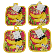 Set of 4 Tropical Fruit & Flowers Quilted Potholders