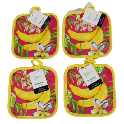 Set of 4 Tropical Fruit & Flowers Quilted Potholders