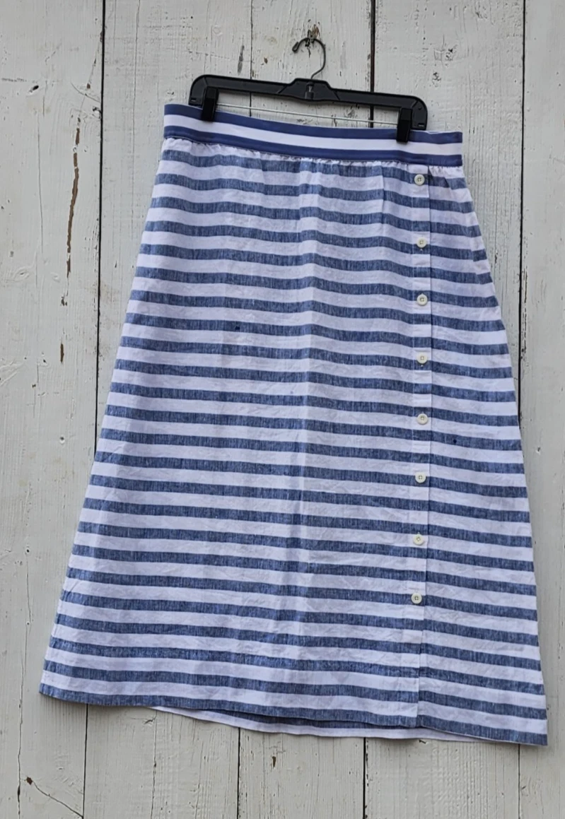 J. Jill Purejill Women's Blue White Striped 100% Linen Midi Skirt Sz XL